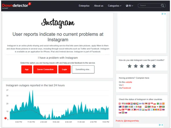 DownDetector tools for Instagram server status