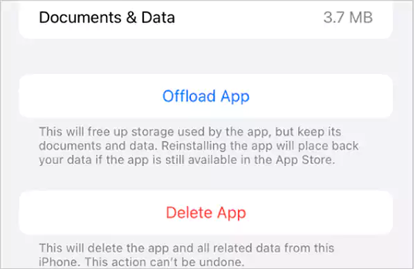 Offload app option in iPhone