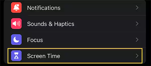 Screen time option in settings