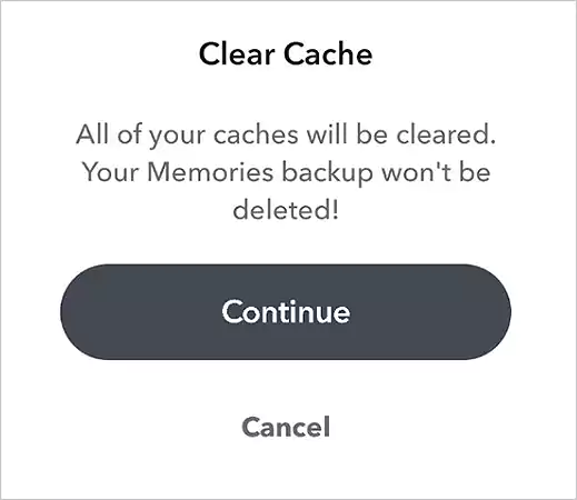 Snapchat clear cache confirmation pop-up message